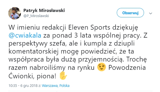 Tomasz Ćwiąkała opuszcza ELEVEN Sports